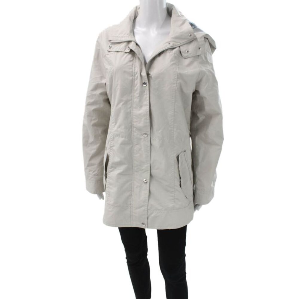 Nicole Miller Womens Gray Floral Rain Coat Snap Long Sleeve Size L